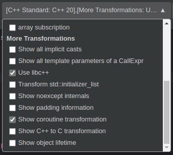 想看 cpp coroutine 展开的结果，搜了下果然 cppinsights 已经做了，挺好用的 