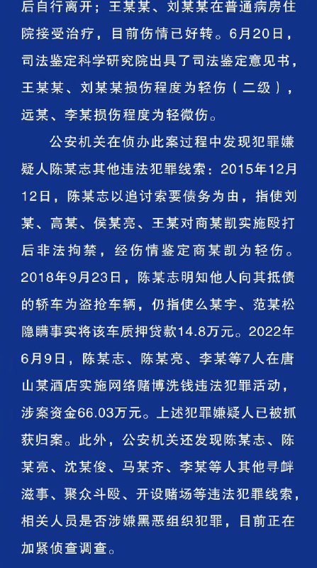 河北省公安厅发布关于陈某志等涉嫌寻衅滋事、暴力殴打他人等案件侦办进展情况的通报