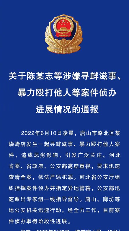 河北省公安厅发布关于陈某志等涉嫌寻衅滋事、暴力殴打他人等案件侦办进展情况的通报