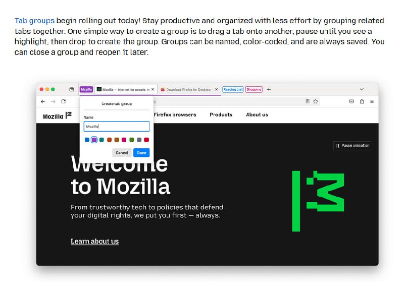 Firefox 137.0 增加了标签页群组的功能，用户可以将标签页进行分组管理