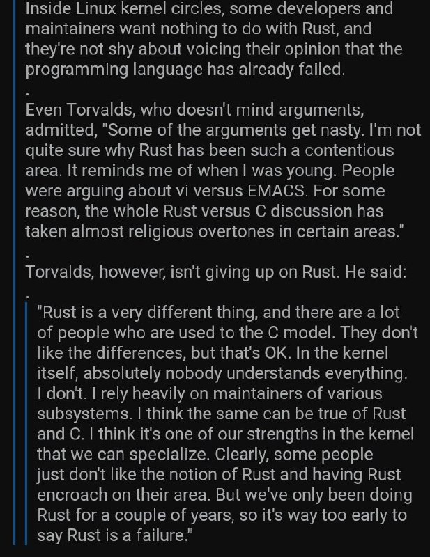 #PL #OS | 面对最近 #Linux 社区部分成员对 #Rust 的反感，Linus 本人依然持有宝贵的开放态度