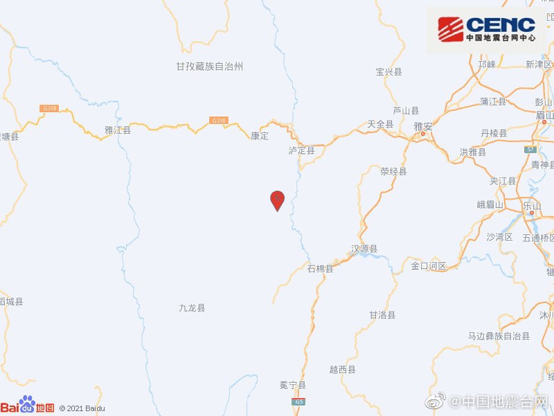 四川甘孜州泸定县（北纬29.59度，东经102.08度）5日12时52分发生6.8级地震，震源深度16千米