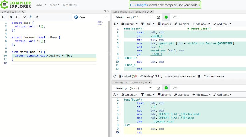 最近在给 clangir 弄 dynamic_cast 支持，发现 clang 17 能够优化 dynamic_cast 到 final class 的情况了